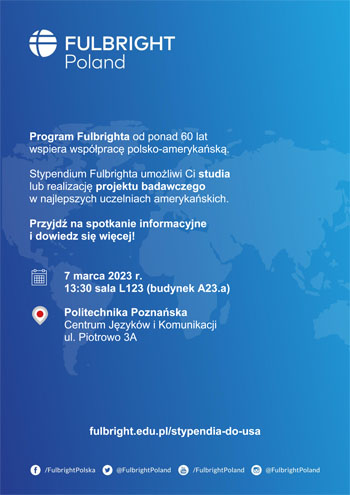 Plakat promujący spotkanie z przedstawicielką Komisji Fulbrighta