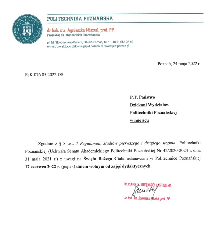 Tekst komunikatu o wolny dniu 17 czerwca 2022