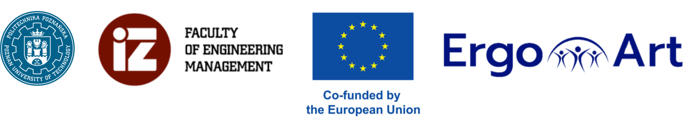 Loga od lewej politechniki poznańskiej, Wydziału Inżynierii Zarządzania, Unii Europejskiej, projektu ErgoArt