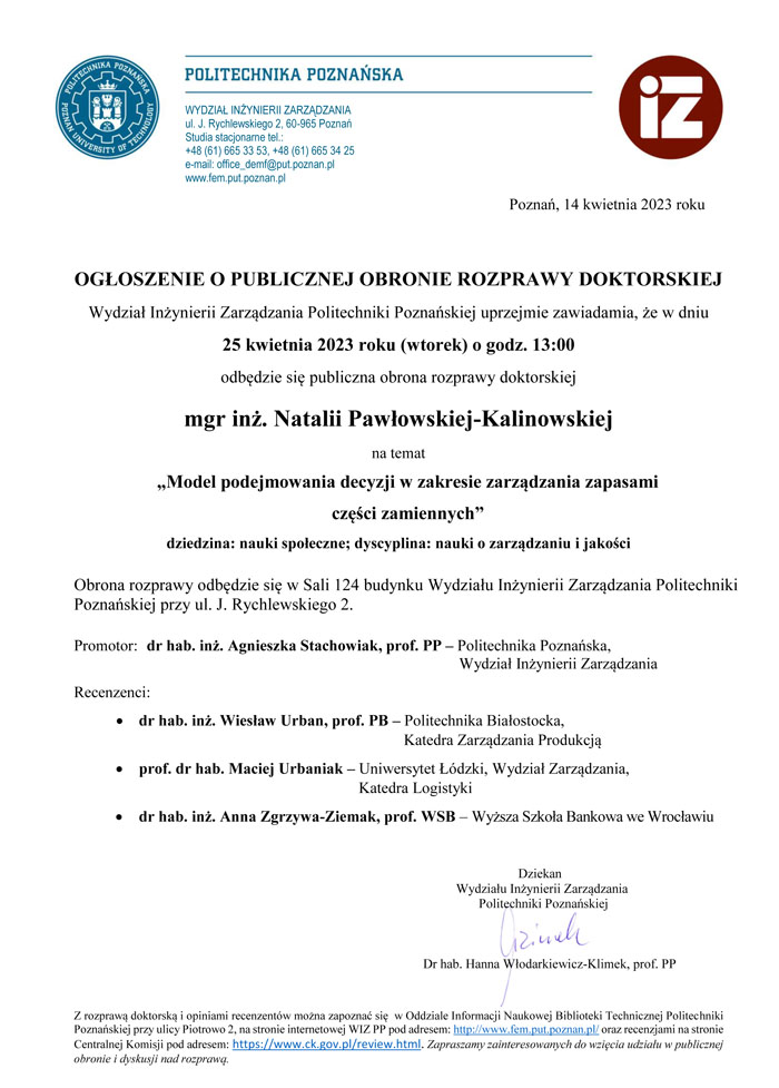Ogłoszenie o publicznej obronie rozprawy doktorskiej Natalii Pawłowskiej-Kalinowskiej