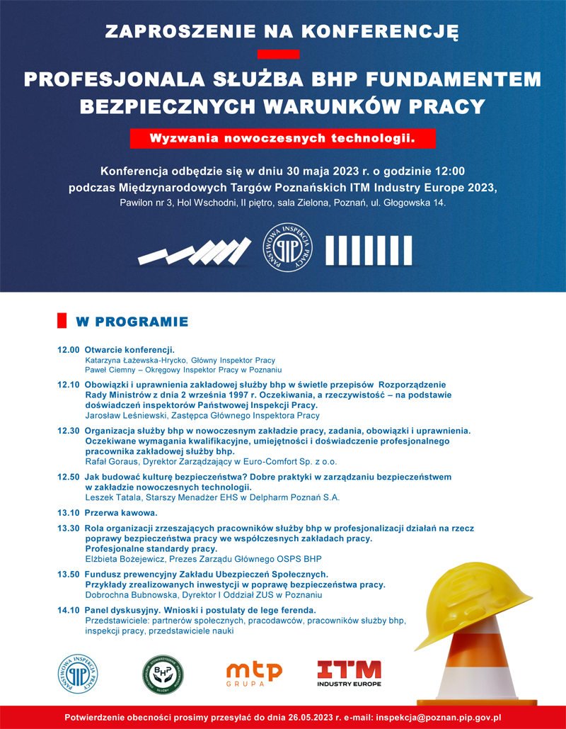 Plakat promujące konferencję „PROFESJONALNA SŁUŻBA BHP FUNDAMENTEM BEZPIECZNYCH WARUNKÓW PRACY Wyzwania nowoczesnych technologii”