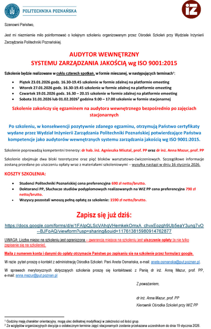 ulotka informacyjna dotycząca szkolenia