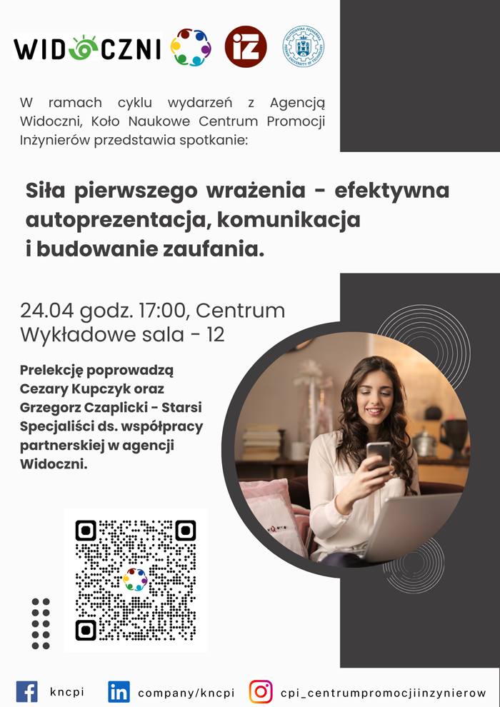 Plakat promujący wykład otwarty "Siła pierwszego wrażenia - efektywna autoprezentacja, komunikacja i budowanie zaufania" we współpracy z agencją Widoczni