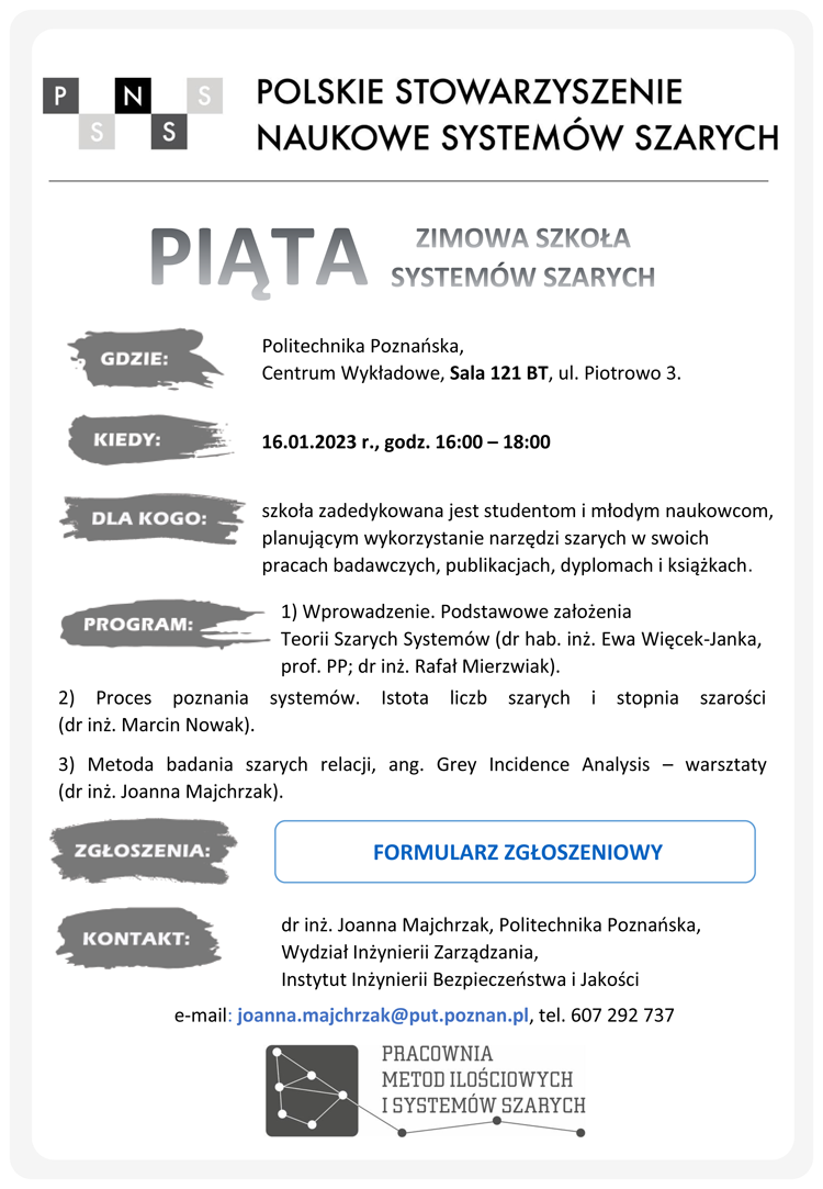 Plakat promujący piątą zimową szkołę systemów szarych