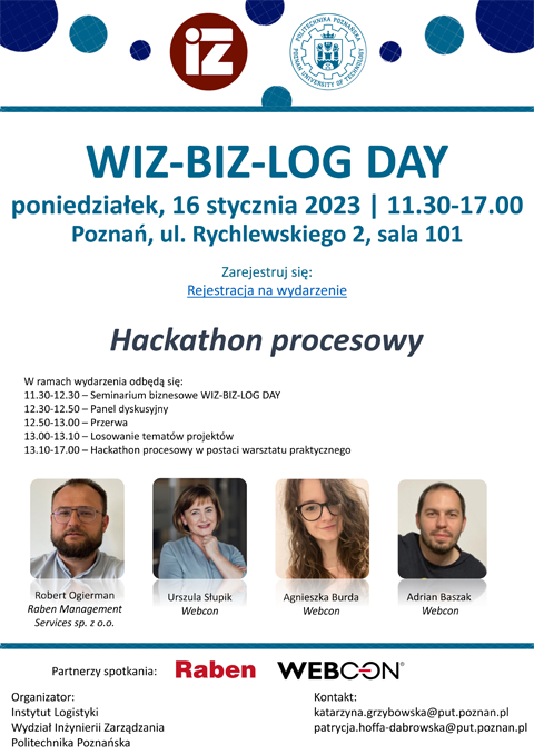 Plakat promujący warsztaty z cyklu WIZ BIZ LOG DAY