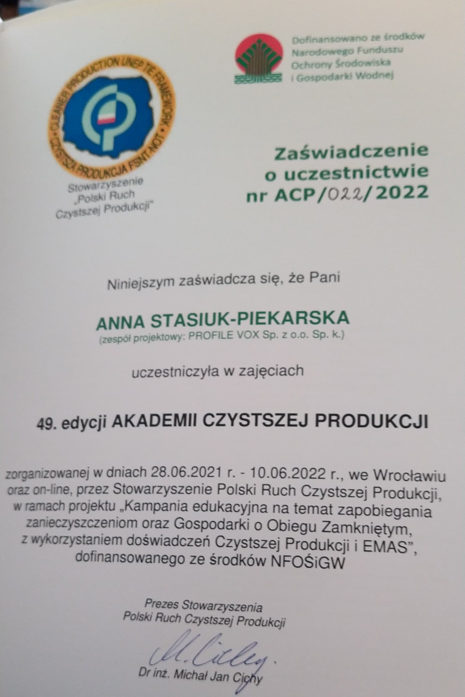 Zaświadczenie od Stowarzyszenia "Ruch Czystszej Produkcji"