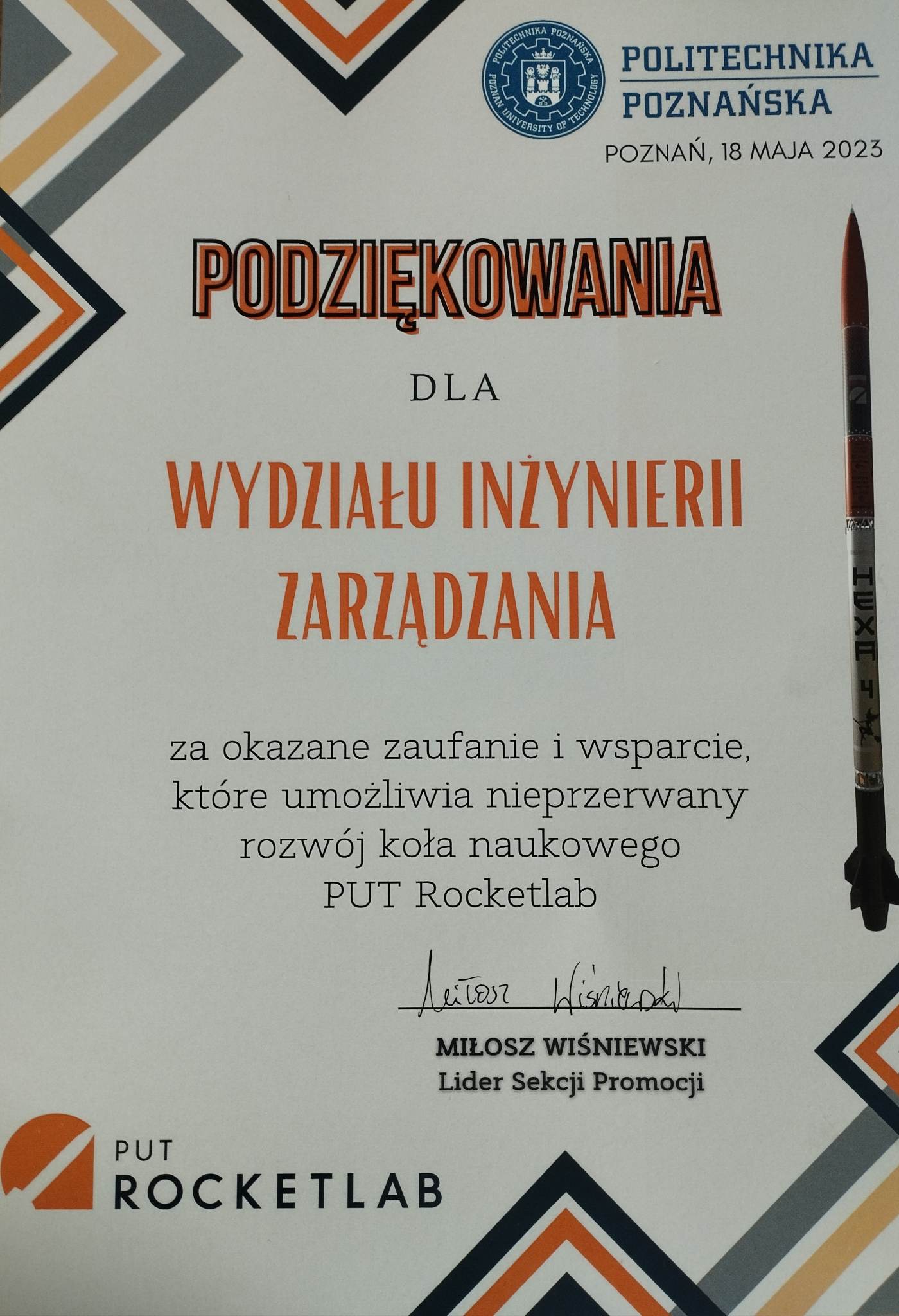 podziekowania dla WIZ od PUT Rocketlab