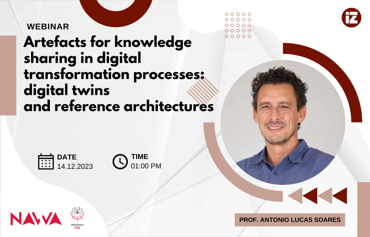 Grafika promująca webinar "Artefacts for knowledge sharing in digital transformation processes: digital twins and reference architectures" prowadzony przez prof. Antonio Lucas Soares