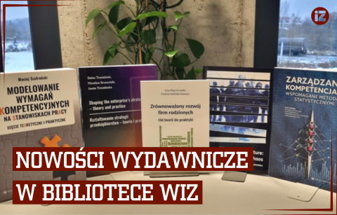 Grafika przedstawiająca nowości wydawnicze w bibliotece Wydziału Inżynierii Zarządzania