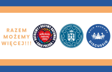 Grafika od lewej napis Razem możemy więcej, logo Wielkiej Orkiestry Świątecznej Pomocy, logo Politechniki Poznańskiej, logo MSKN DISCUSSIO